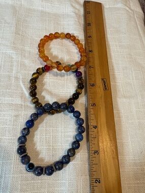 Set of 3 Beaded Stretch Bracelets - Blue, Brown, Amber